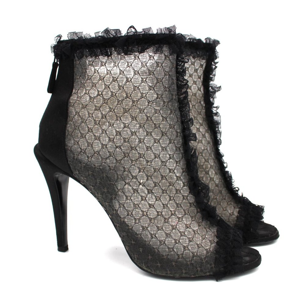 CHANEL Black Sheer Lace Peep Toe Ruffle Lace Trim Heeled Ankle Bootie Shoe 38.5